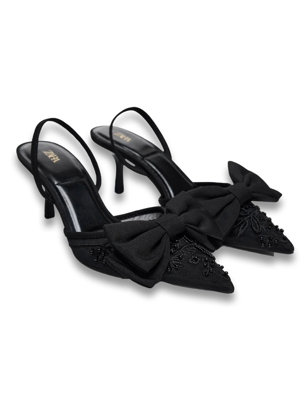 Zara Black Pointed-Toe Slingback Heels with Bow